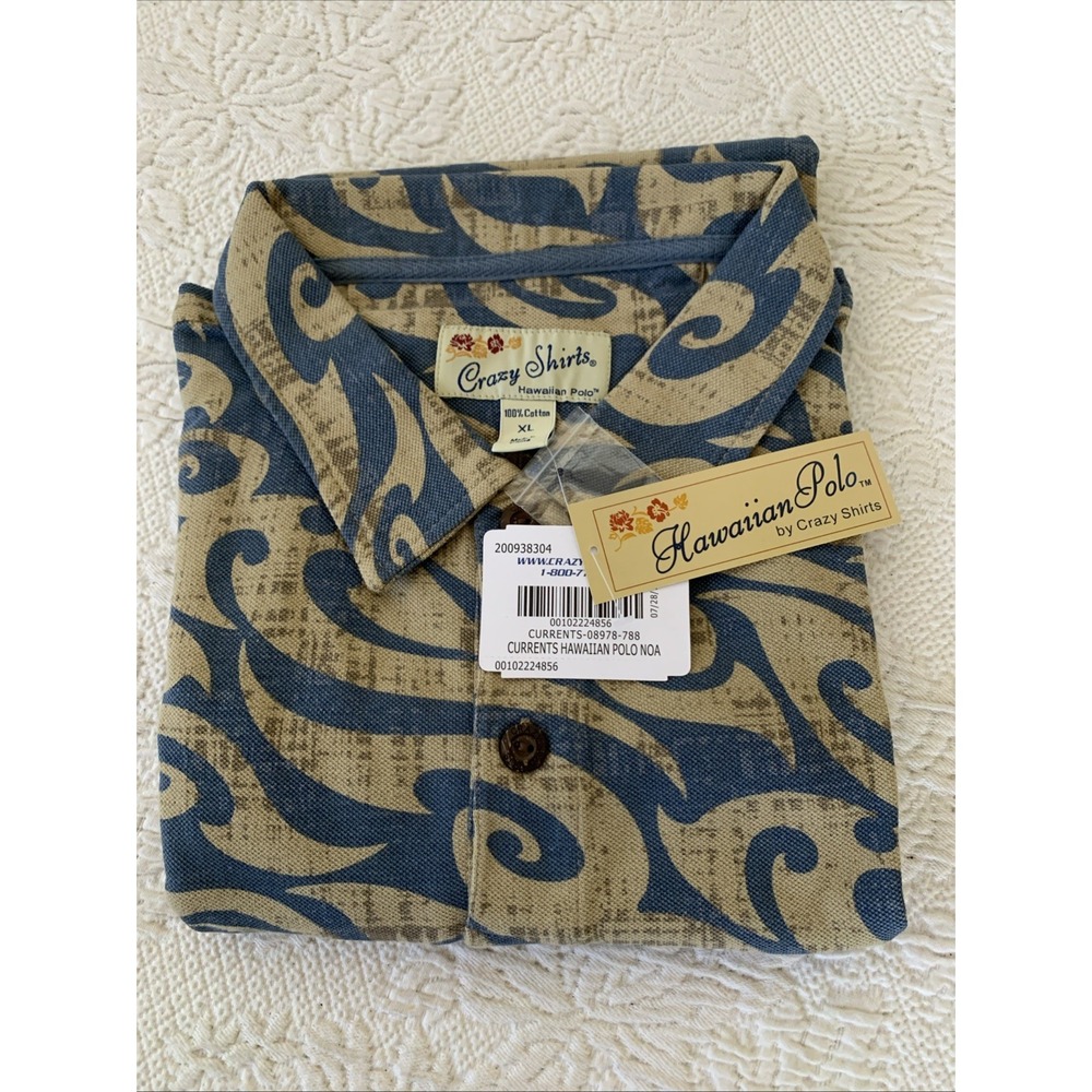 Crazy Shirt‎ Hawaiian Polo Mens XL Currents Wave 100% Cotton Short Sleeve Collar